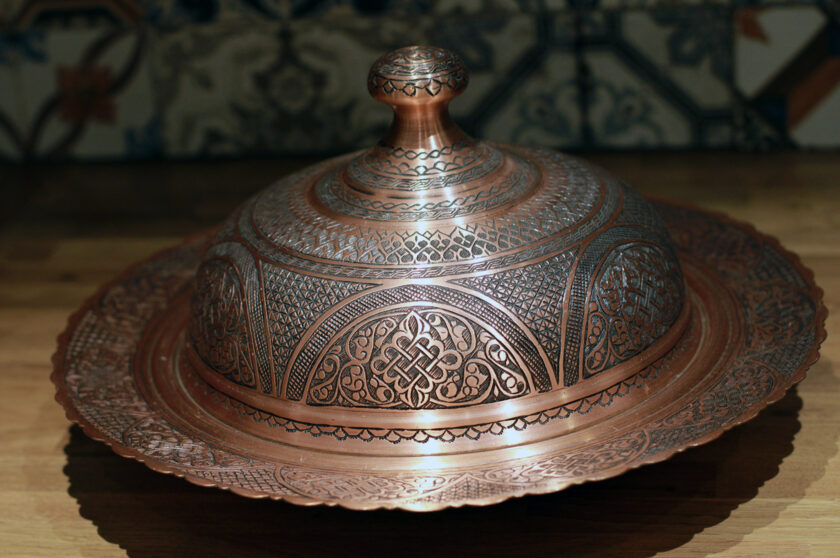 Engraved Copper Serving Platter and Dish with Dome