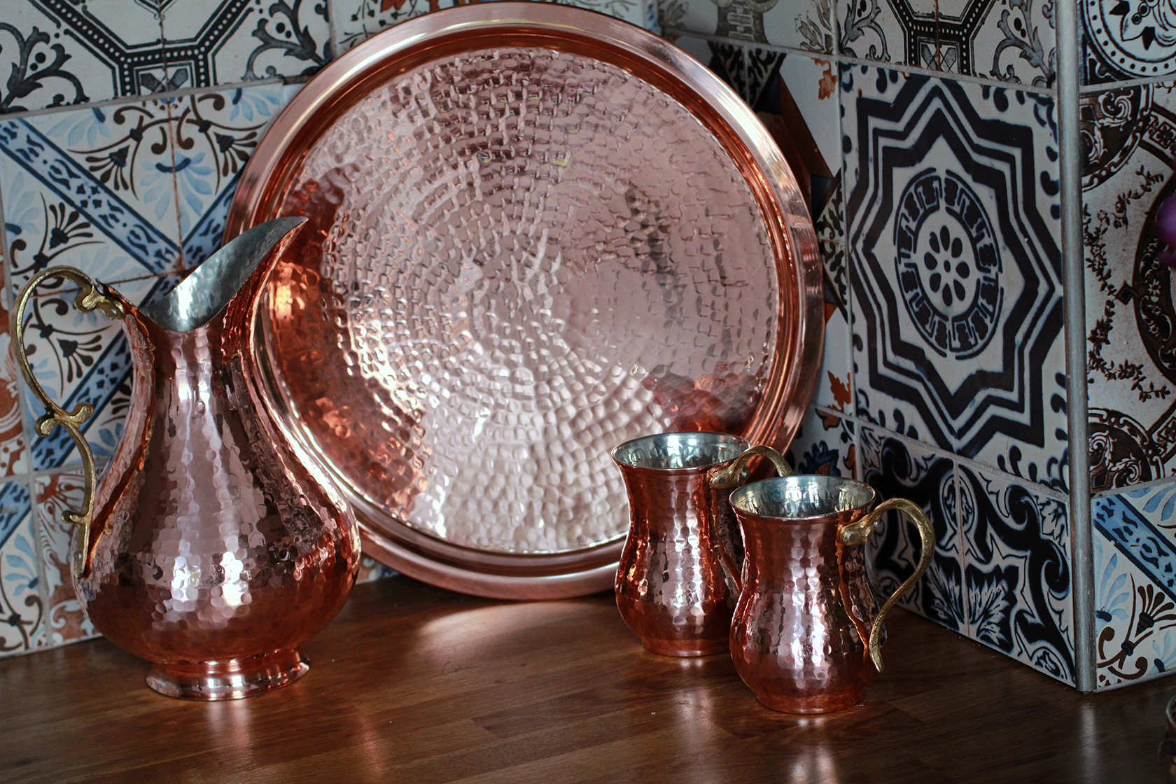 Hammered Copper Pitcher Set with Tumblers