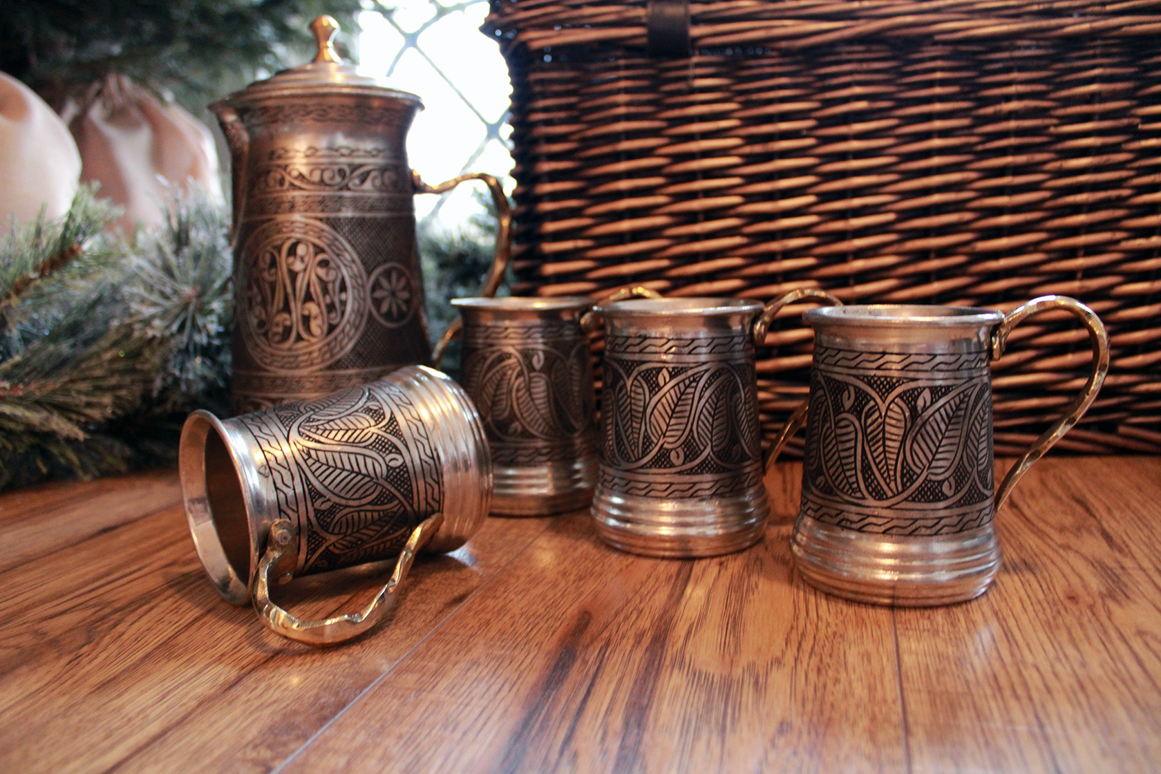 Engraved Copper Pitcher Set with Tumblers