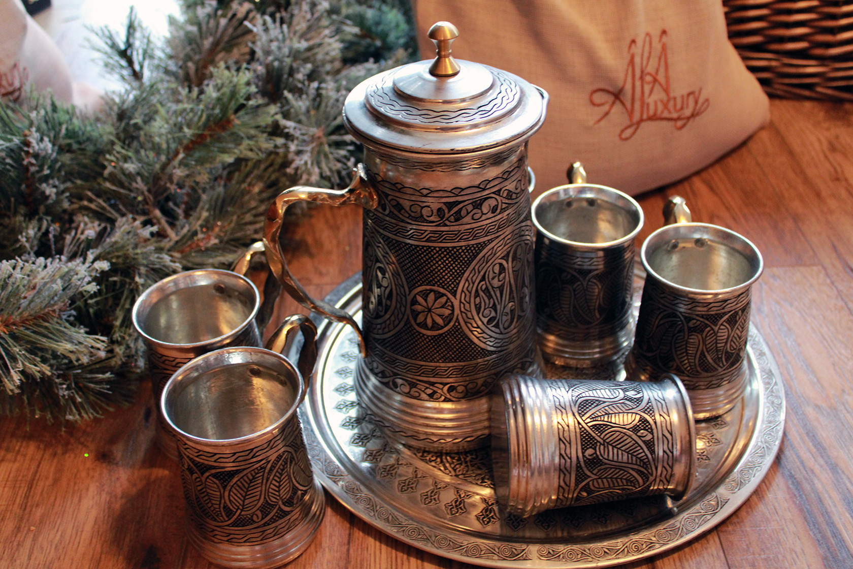 Engraved Copper Pitcher Set with Tumblers